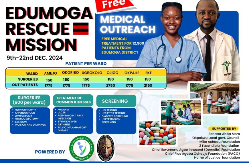 FREE MEDICAL OUTREACH ALERT FOR EDUMOGA COMMUNITIES IN OKPOKWU LOCAL GOVERNMENT COUNCIL, BENUE STATE…