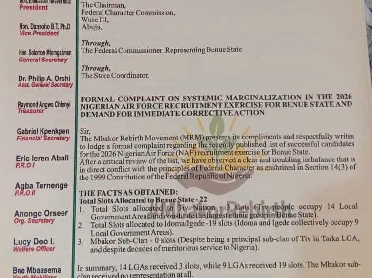 Tiv Community Petitions Federal Character Commission Over Air Force Recruitment Shortlist, Alleges Marginalization